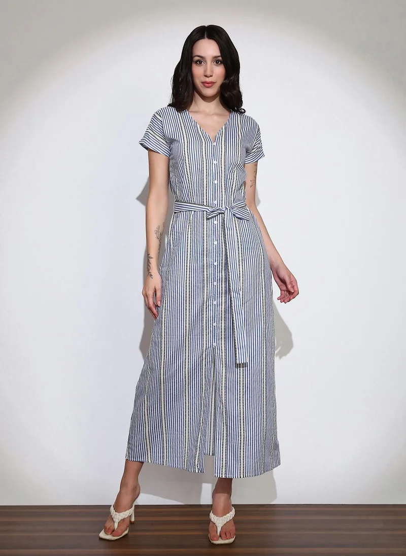 جلو باص Globus Women Blue Striped V-Neck Extended Sleeves Front Slit Belted A-Line Midi Shirt Style Dress